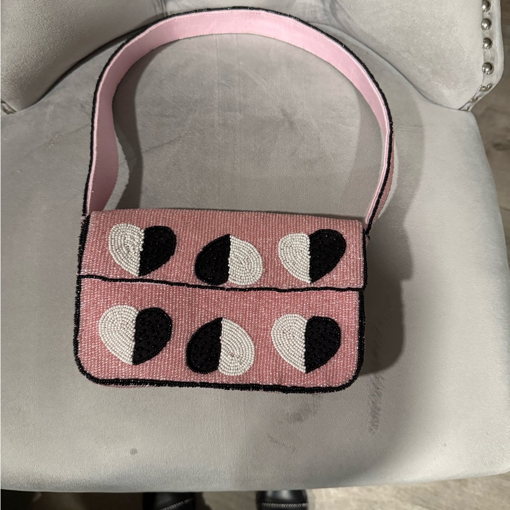 Anthropologie Pink and Black Heart Mini Bag